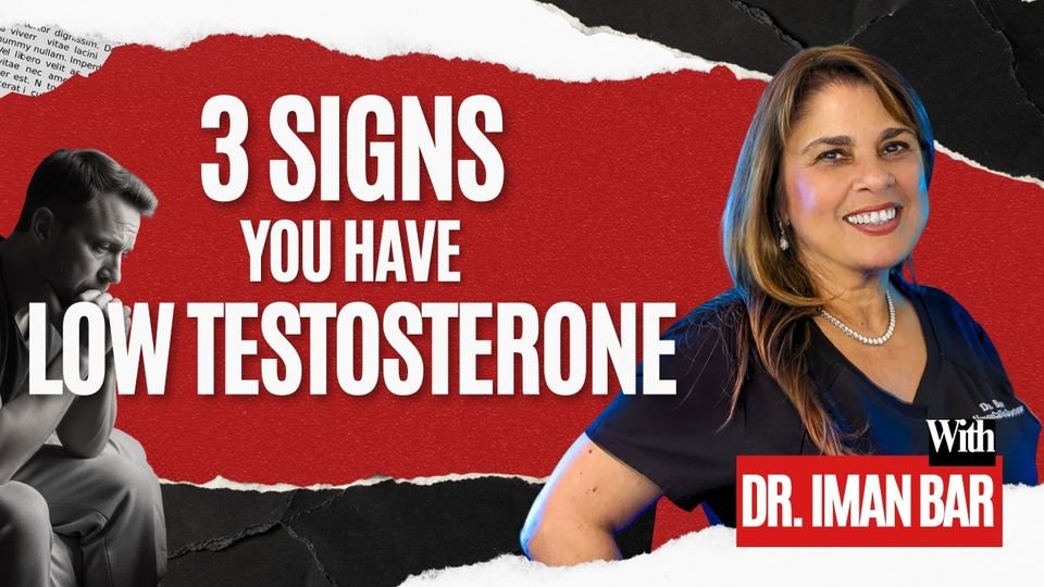 Thumbnail: a torn red and black hormone-health thumbnail featuring a physician and a downcast man, headline 3 Signs You Have Low Testosterone