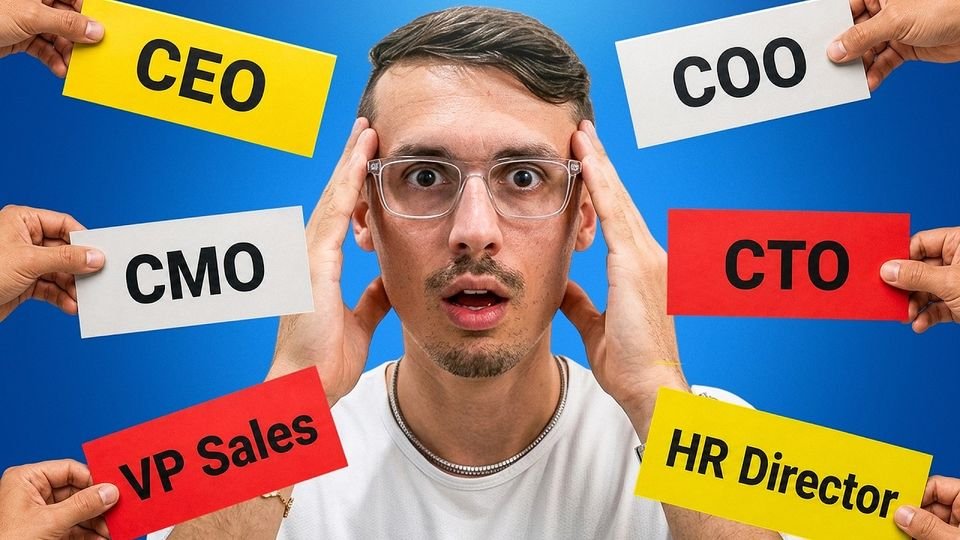 Thumbnail: a man surrounded by hands holding executive title cards (CEO, COO, CMO, CTO) on a blue background